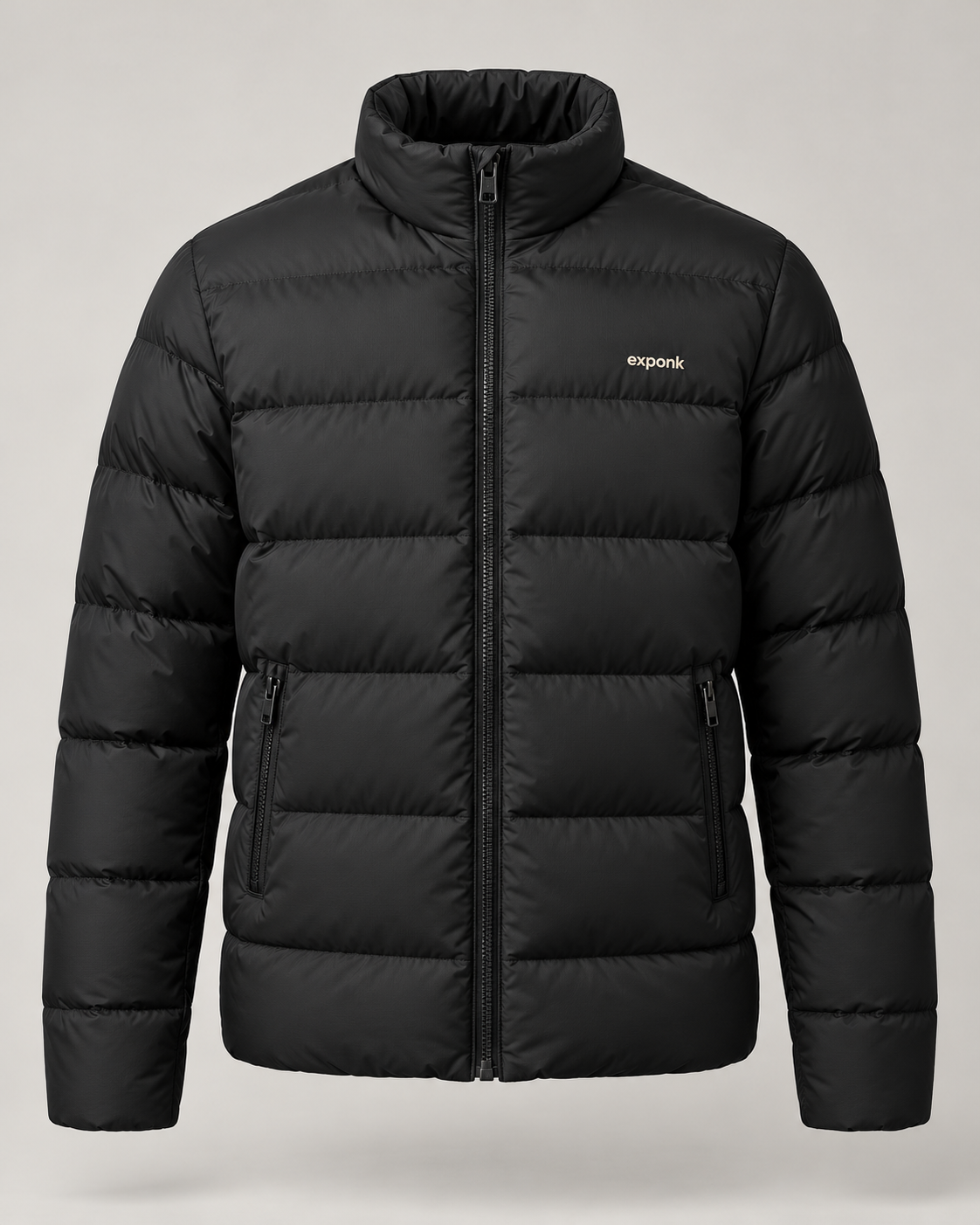 exponk Northline Puffer Jacket in black, front view with horizontal quilting, stand collar and chest logo.