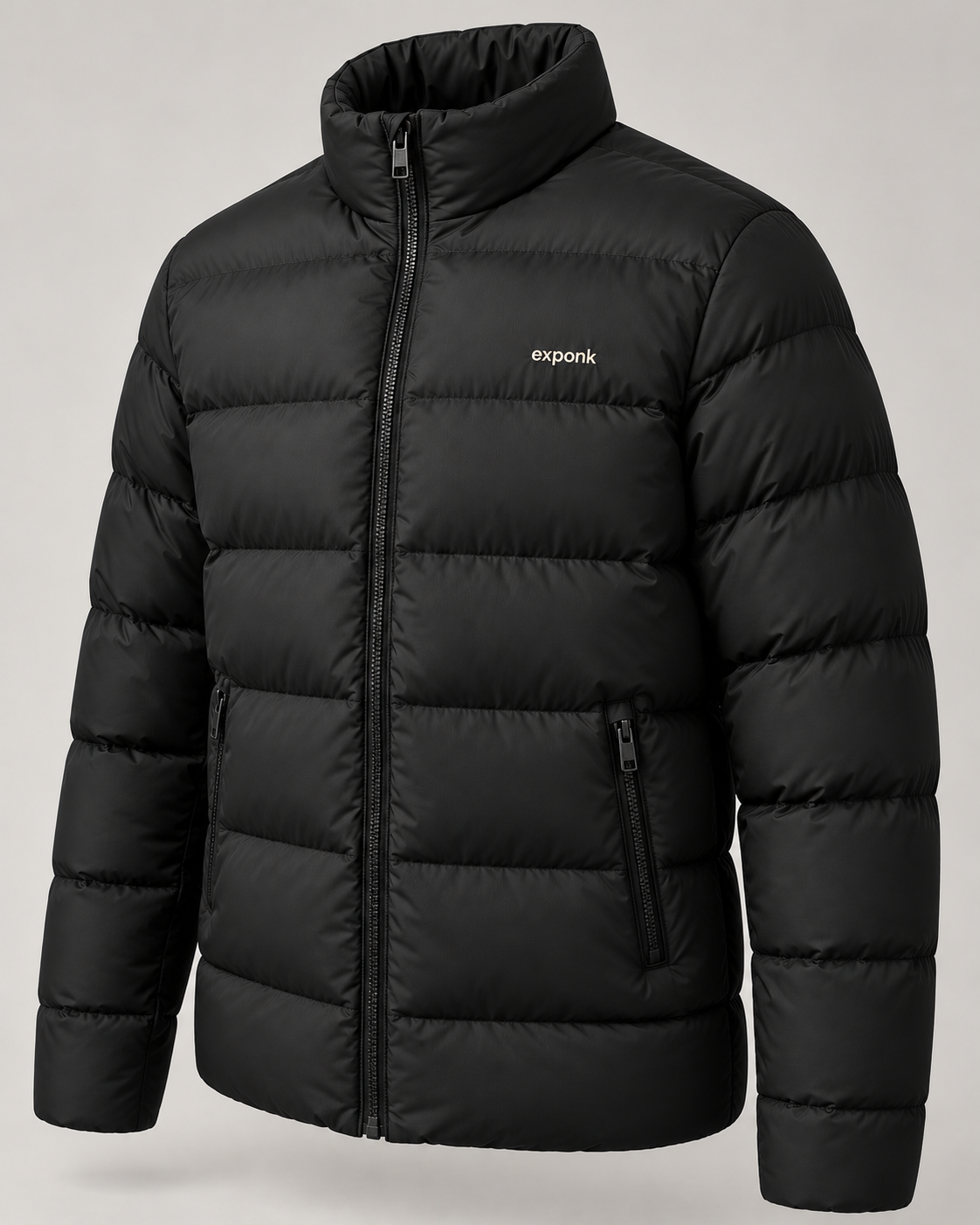 exponk Northline Puffer Jacket in black, three-quarter view showing quilting, zipped pockets and the chest logo.