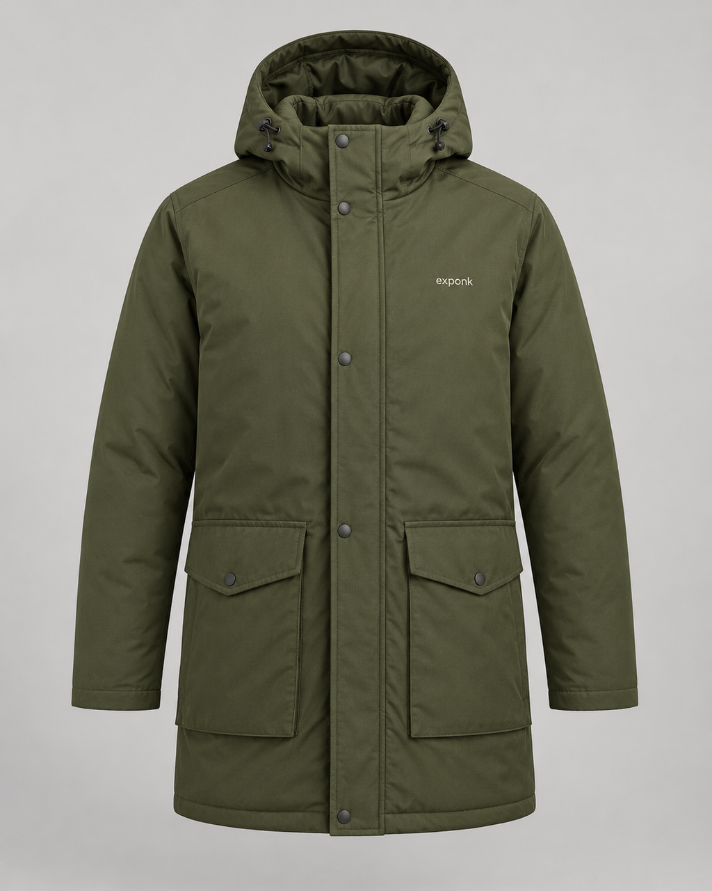 exponk Ridge Hooded Parka in olive, front view with adjustable hood, covered fastening and flap pockets.
