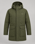 exponk Ridge Hooded Parka in olive, front view with adjustable hood, covered fastening and flap pockets.