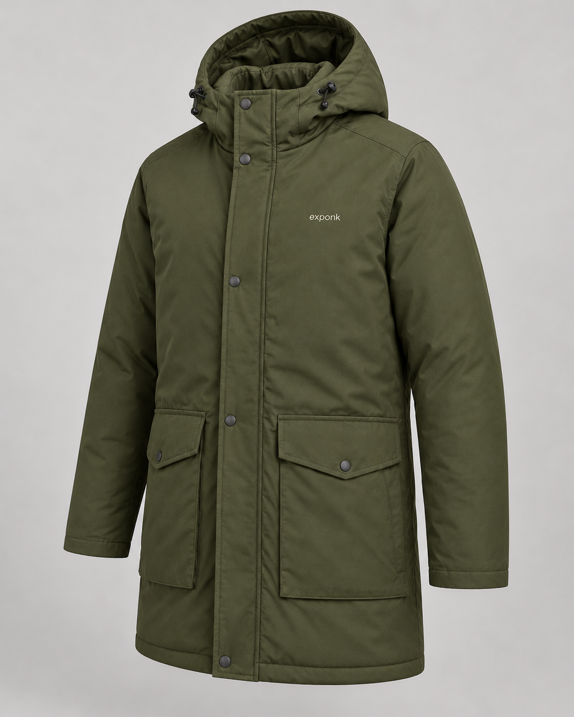 exponk Ridge Hooded Parka in olive, three-quarter view showing the hood, long silhouette and front pockets.