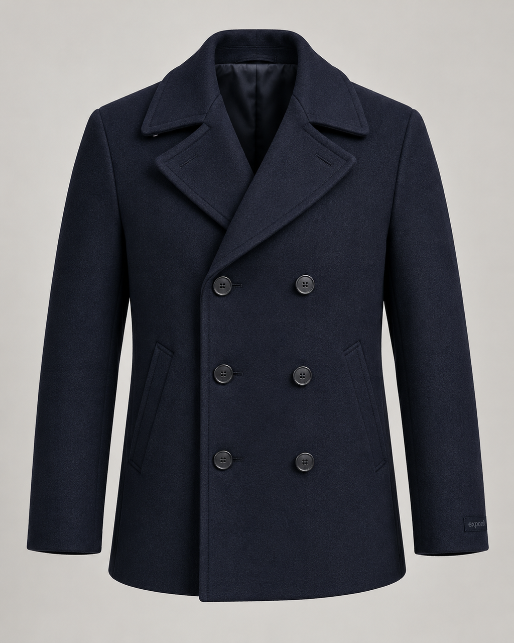 exponk Harbor Peacoat in navy, front view with a double-breasted fastening, wide lapels and discreet logo.