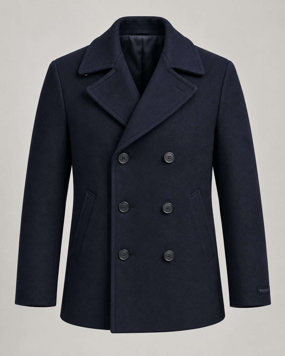 exponk Harbor Peacoat in navy, front view with a double-breasted fastening, wide lapels and discreet logo.