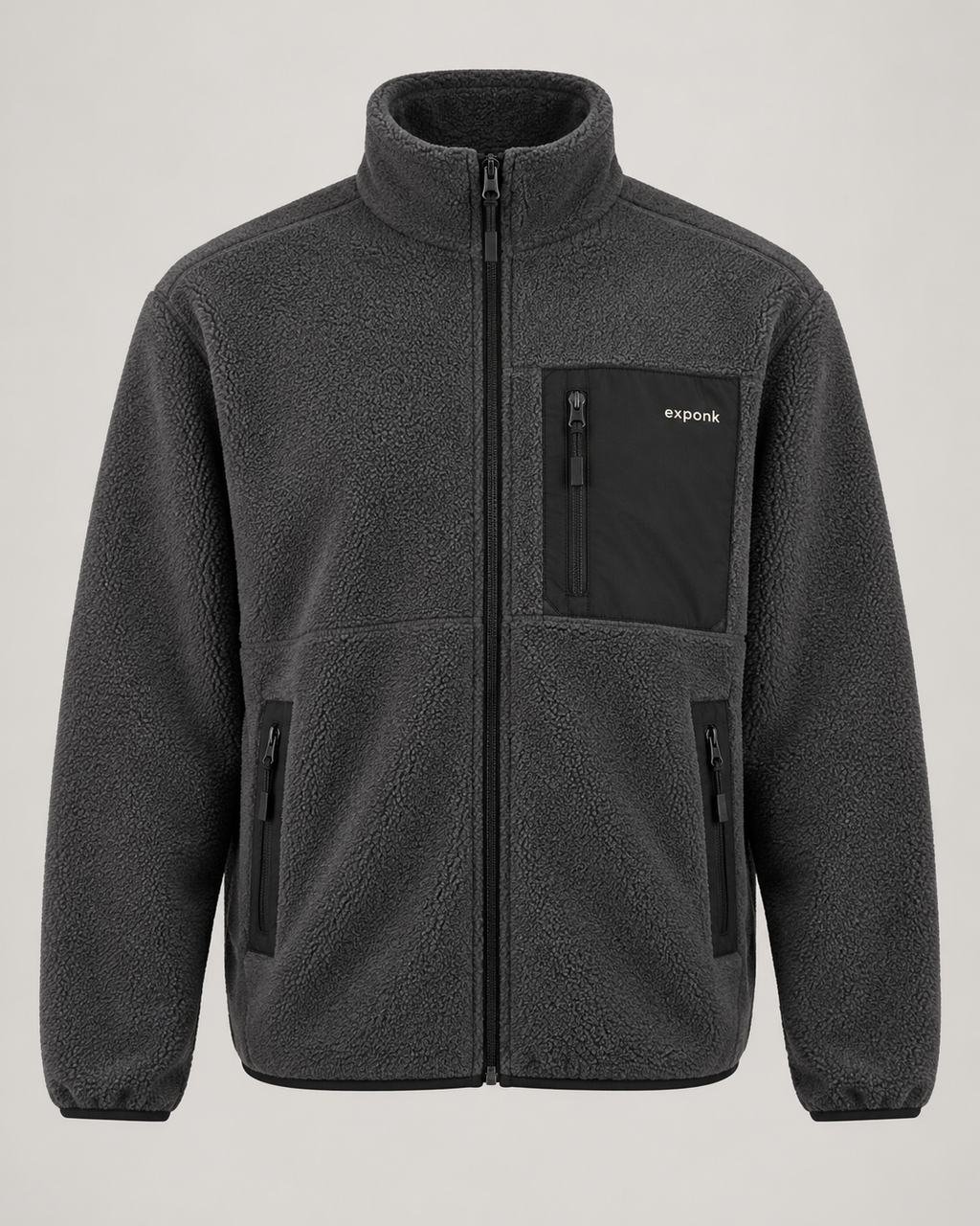 exponk Summit Fleece Jacket in charcoal, front view with a stand collar, full zip, chest logo and zip pockets.
