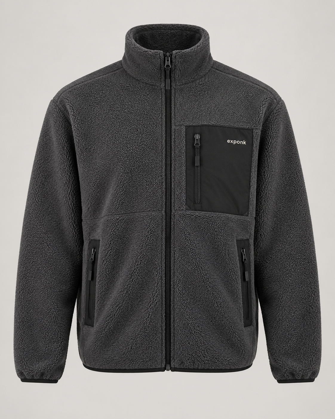 exponk Summit Fleece Jacket in charcoal, front view with a stand collar, full zip, chest logo and zip pockets.