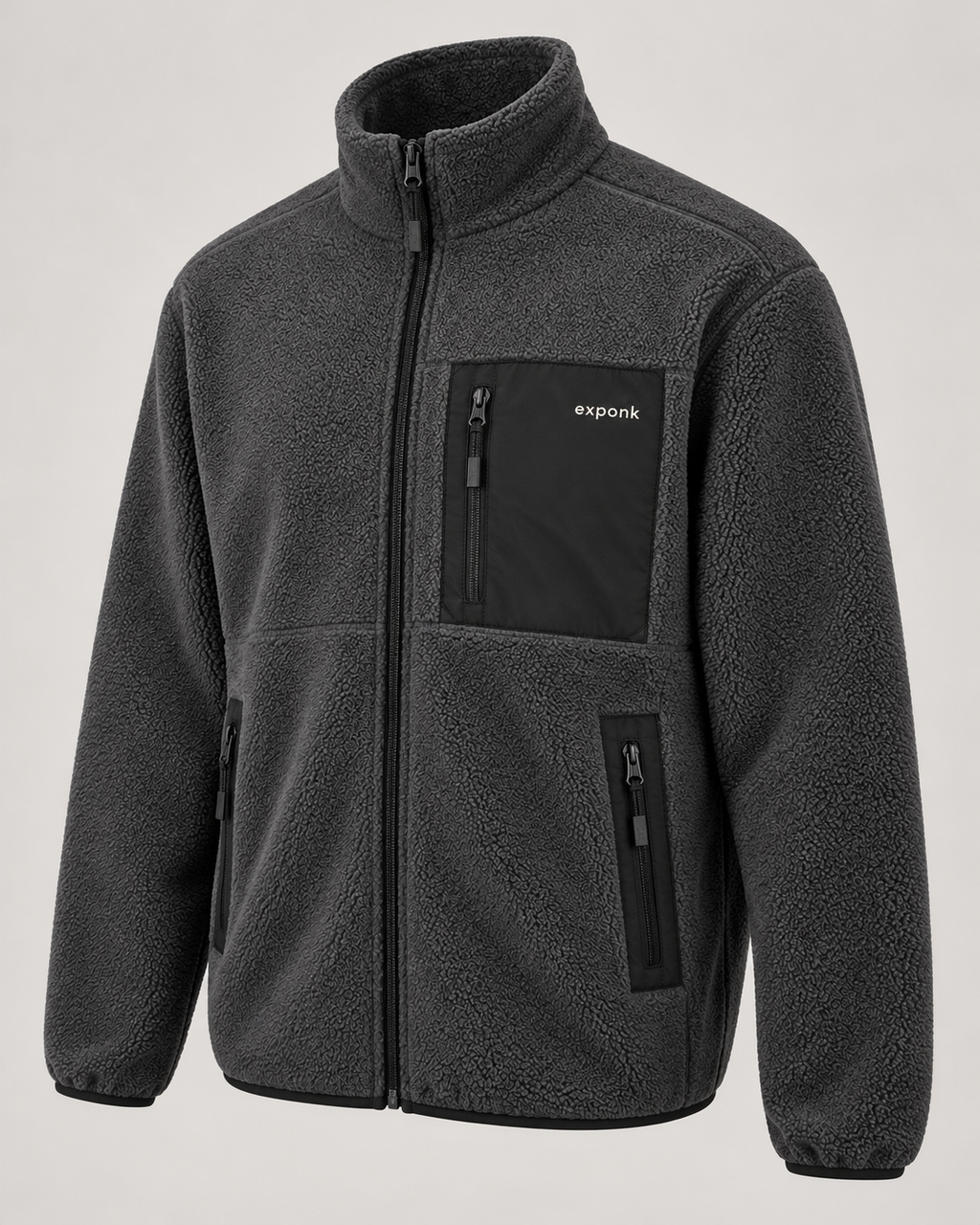 exponk Summit Fleece Jacket in charcoal, three-quarter view showing textured fleece, stand collar and zipped pockets.