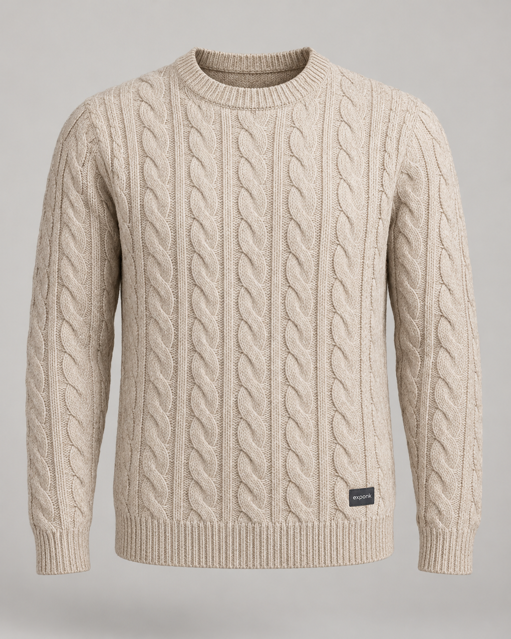 exponk Alpine Cable Knit Sweater in oatmeal, front view with a crew neck, cable knit pattern, ribbed edges and hem logo.
