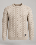exponk Alpine Cable Knit Sweater in oatmeal, front view with a crew neck, cable knit pattern, ribbed edges and hem logo.