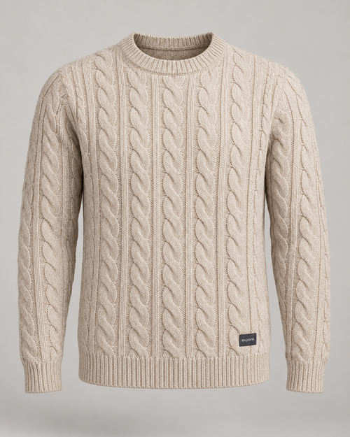 exponk Alpine Cable Knit Sweater in oatmeal, front view with a crew neck, cable knit pattern, ribbed edges and hem logo.
