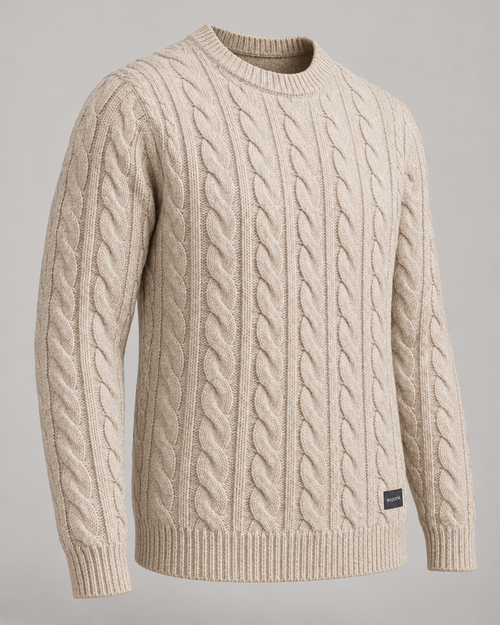exponk Alpine Cable Knit Sweater in oatmeal, three-quarter view highlighting the cable knit texture and ribbed cuffs.