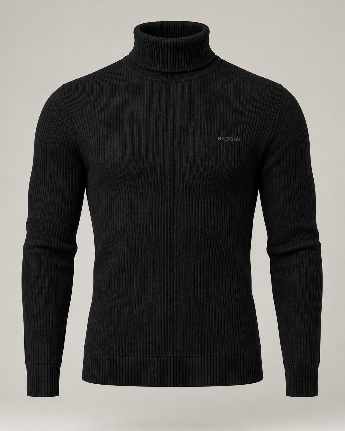exponk Fjord Ribbed Turtleneck in black, front view with a fold-over high neck, vertical ribbing and discreet chest logo.