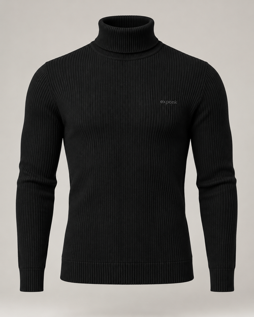 exponk Fjord Ribbed Turtleneck in black, front view with a fold-over high neck, vertical ribbing and discreet chest logo.