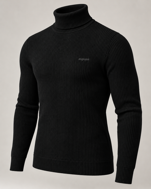 exponk Fjord Ribbed Turtleneck in black, three-quarter view showing the folded high collar and ribbed knit texture.
