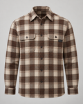 exponk Timber Overshirt in brown check, front view with a shirt collar, button fastening, two chest pockets and branded patch.