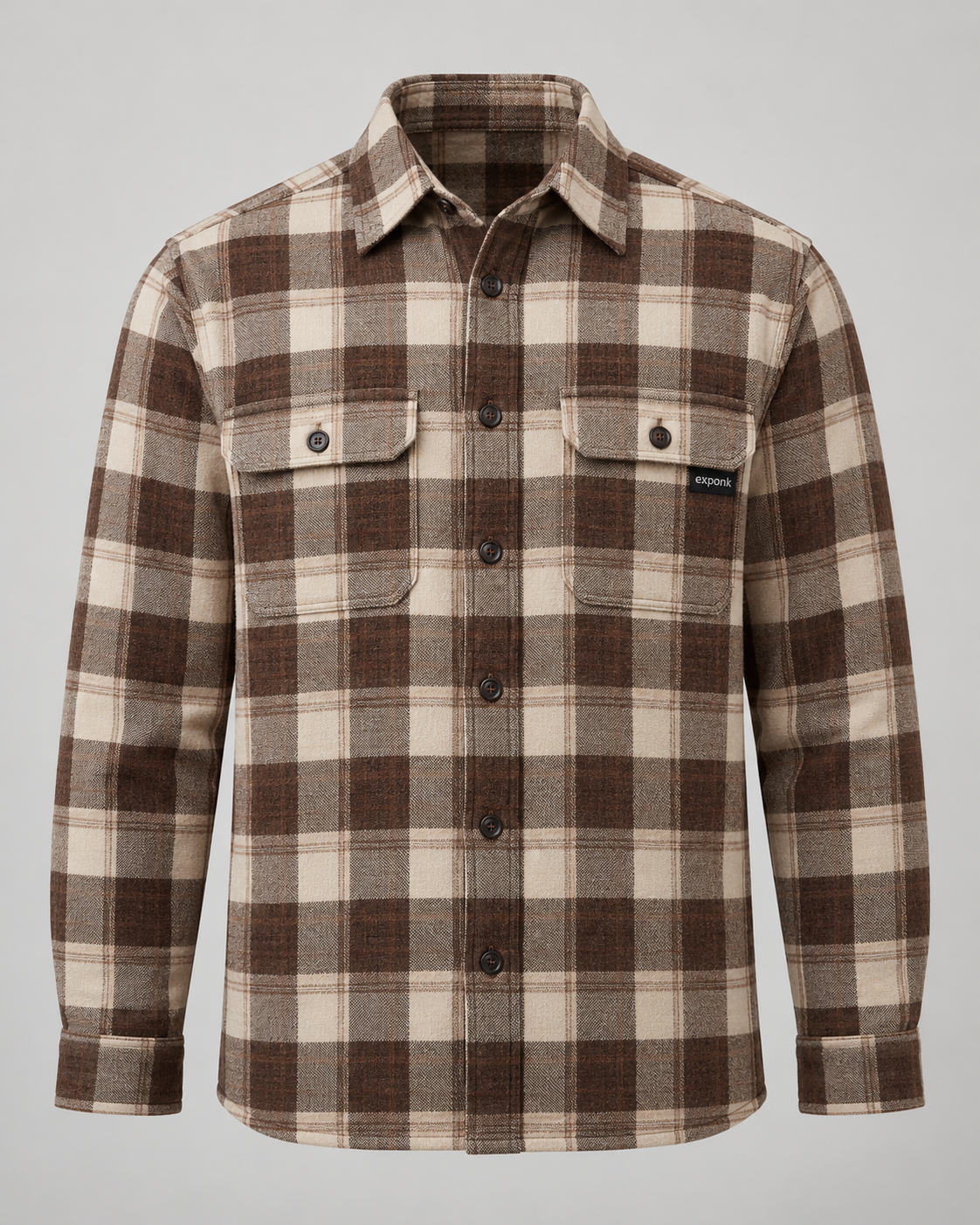 exponk Timber Overshirt in brown check, front view with a shirt collar, button fastening, two chest pockets and branded patch.