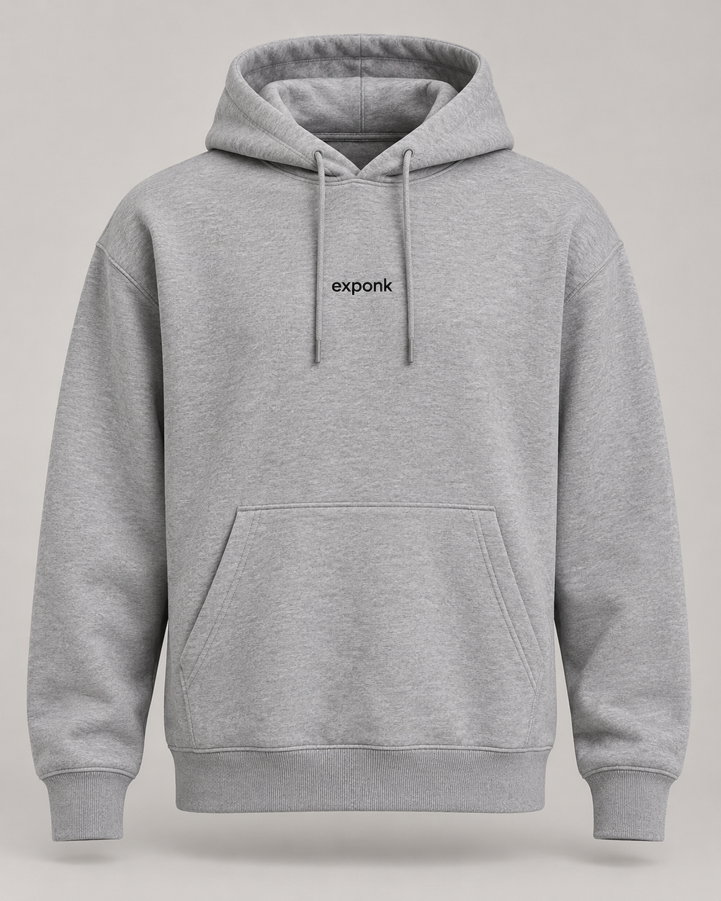 exponk Drift Pullover Hoodie in heather gray, front view with drawstring hood, kangaroo pocket and chest wordmark.