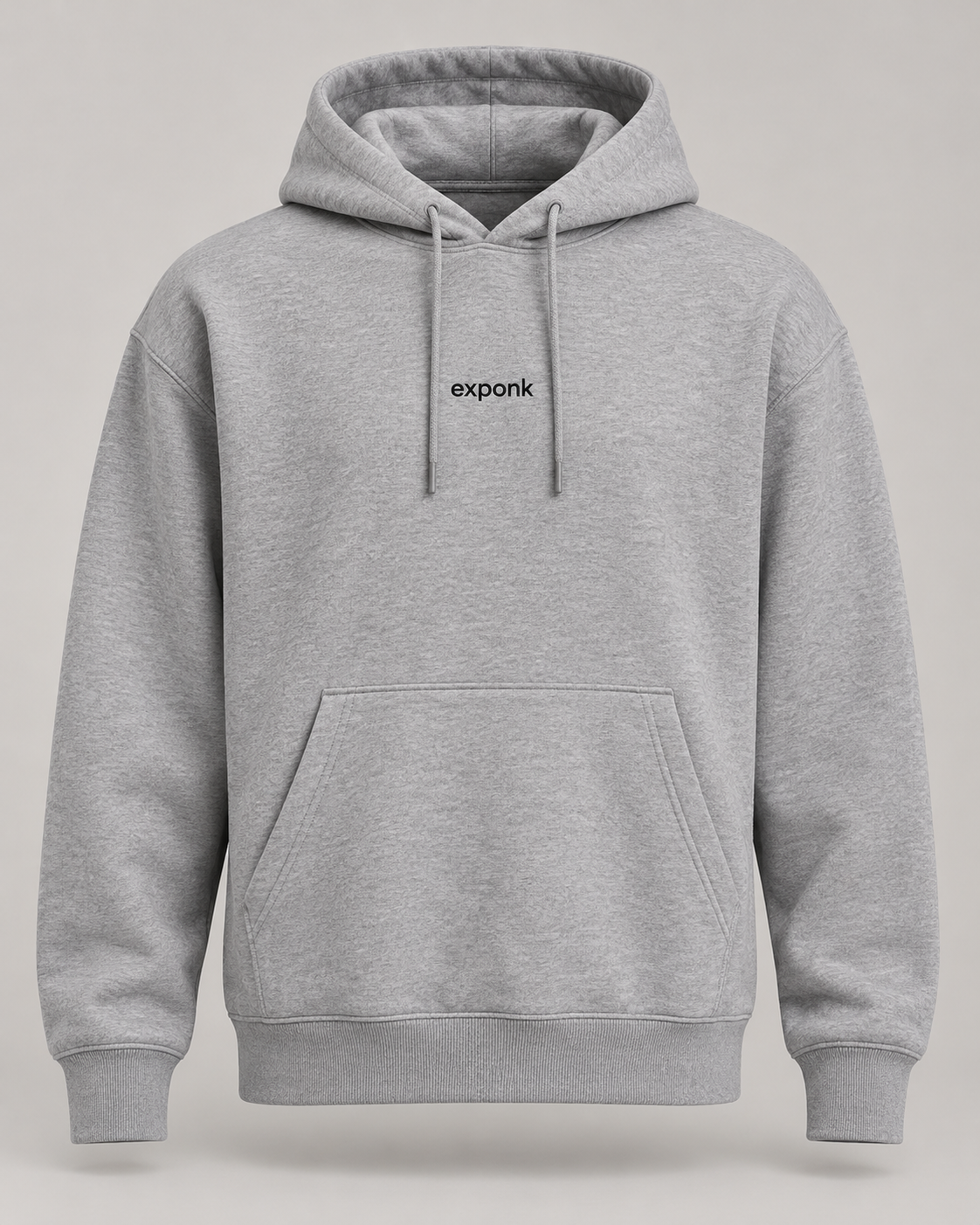 exponk Drift Pullover Hoodie in heather gray, front view with drawstring hood, kangaroo pocket and chest wordmark.