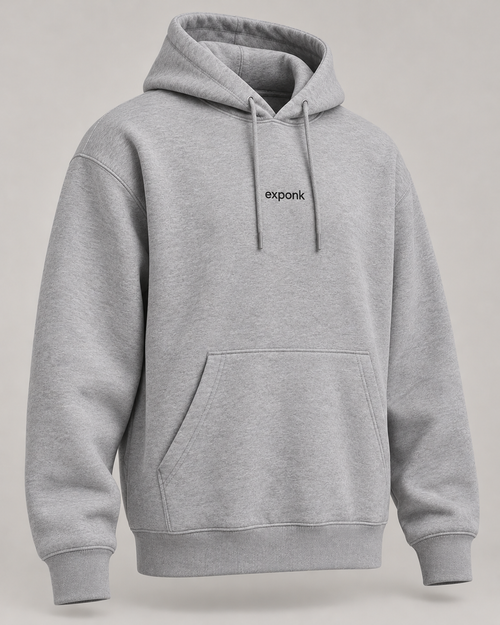 exponk Drift Pullover Hoodie in heather gray, three-quarter view showing the hood, kangaroo pocket and ribbed cuffs.