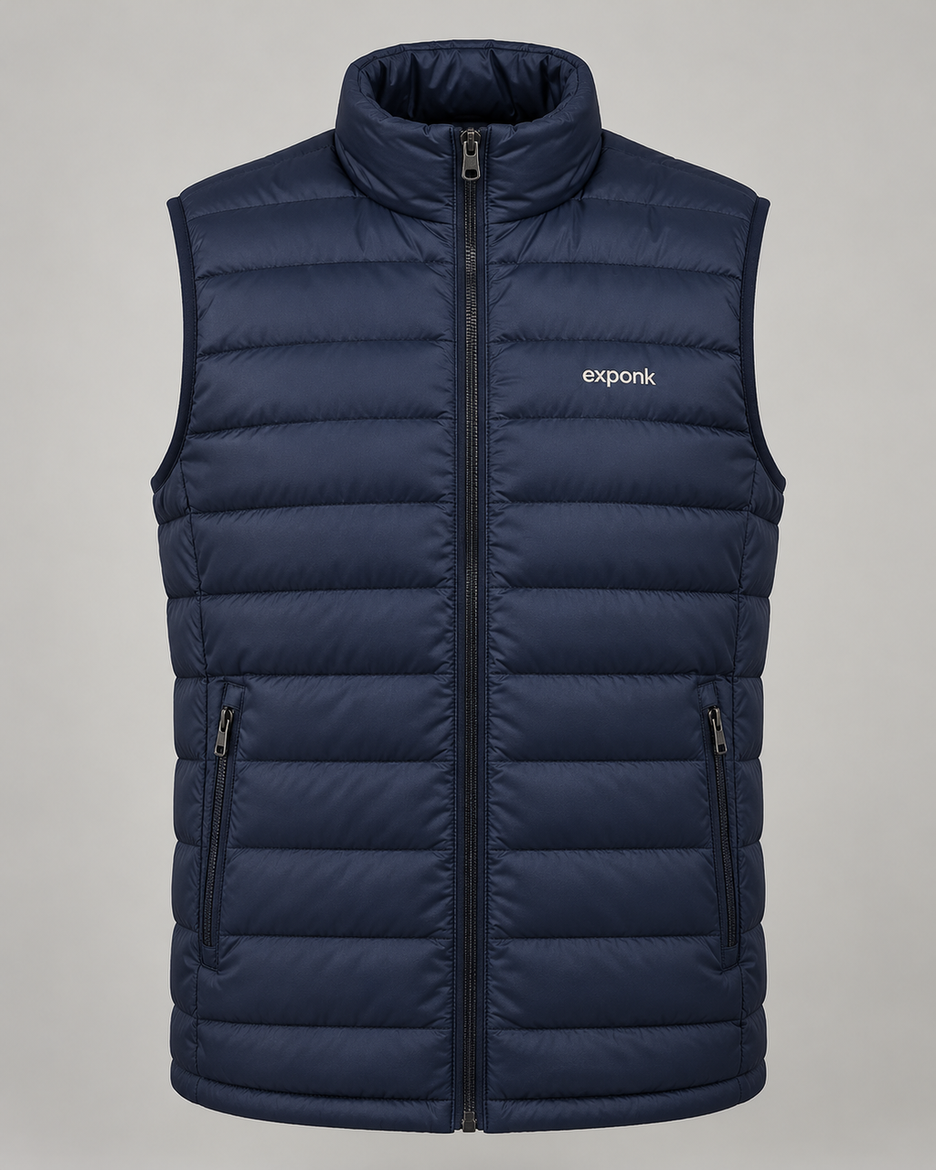 exponk Glacier Quilted Vest in navy, front view with horizontal quilting, stand collar, full zip and chest logo.