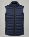 exponk Glacier Quilted Vest in navy, front view with horizontal quilting, stand collar, full zip and chest logo.
