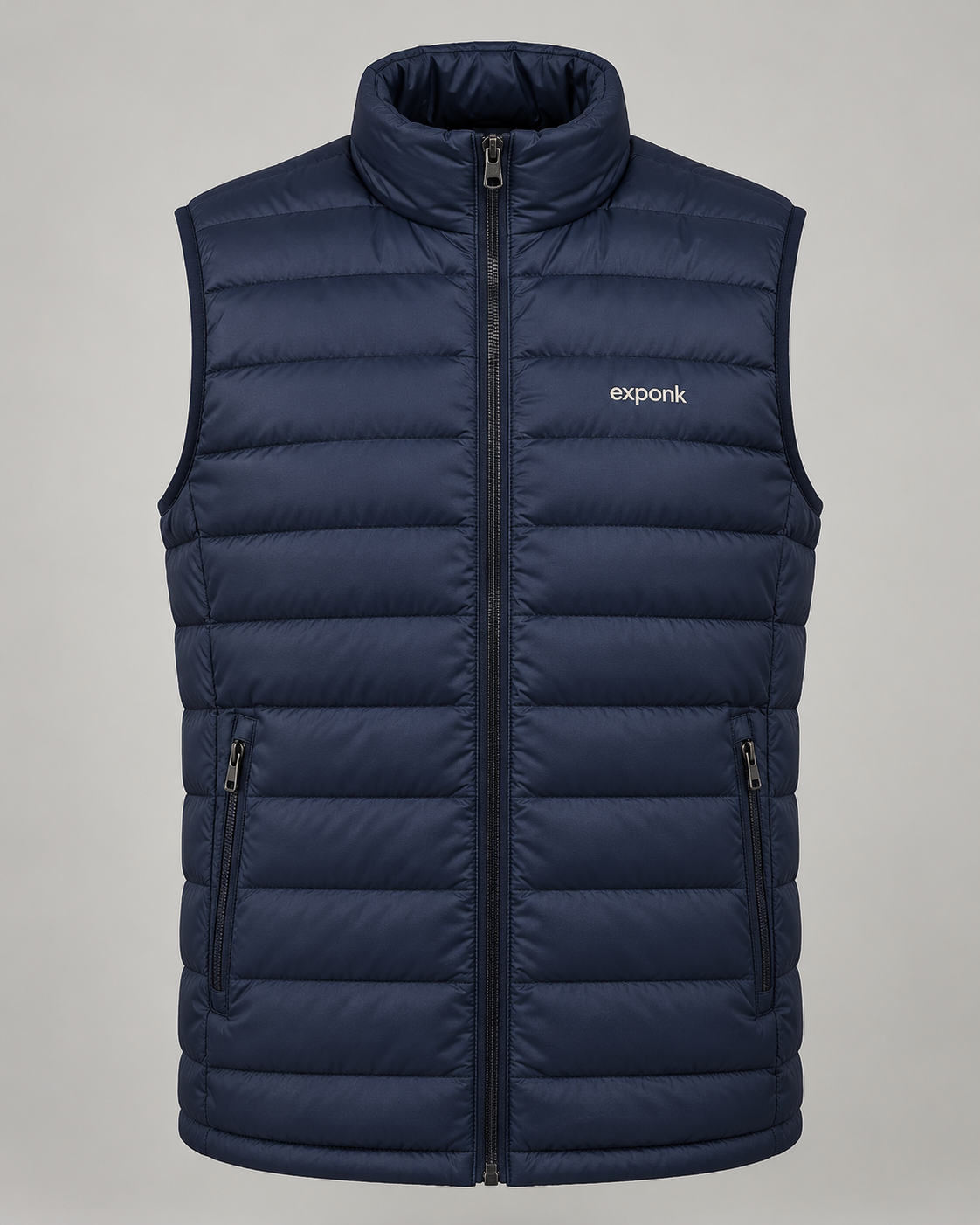 exponk Glacier Quilted Vest in navy, front view with horizontal quilting, stand collar, full zip and chest logo.