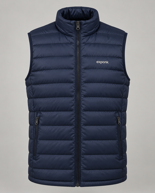 exponk Glacier Quilted Vest in navy, front view with horizontal quilting, stand collar, full zip and chest logo.