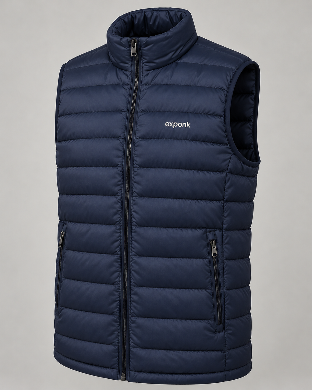 exponk Glacier Quilted Vest in navy, three-quarter view showing the stand collar, quilted panels and side pockets.