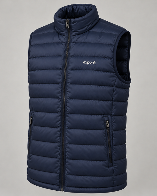 exponk Glacier Quilted Vest in navy, three-quarter view showing the stand collar, quilted panels and side pockets.